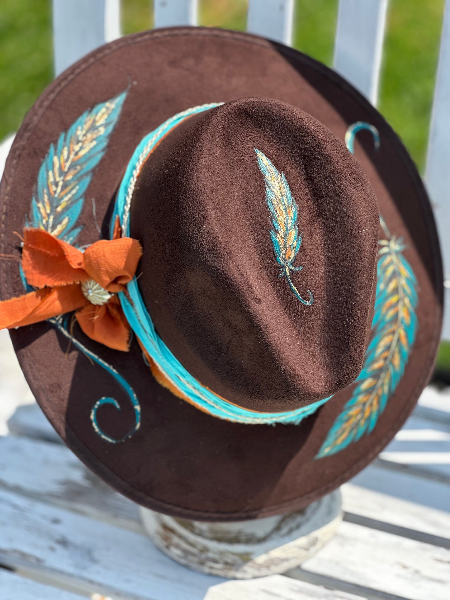 Brown Fedora Hat with Hand Painted Feathers