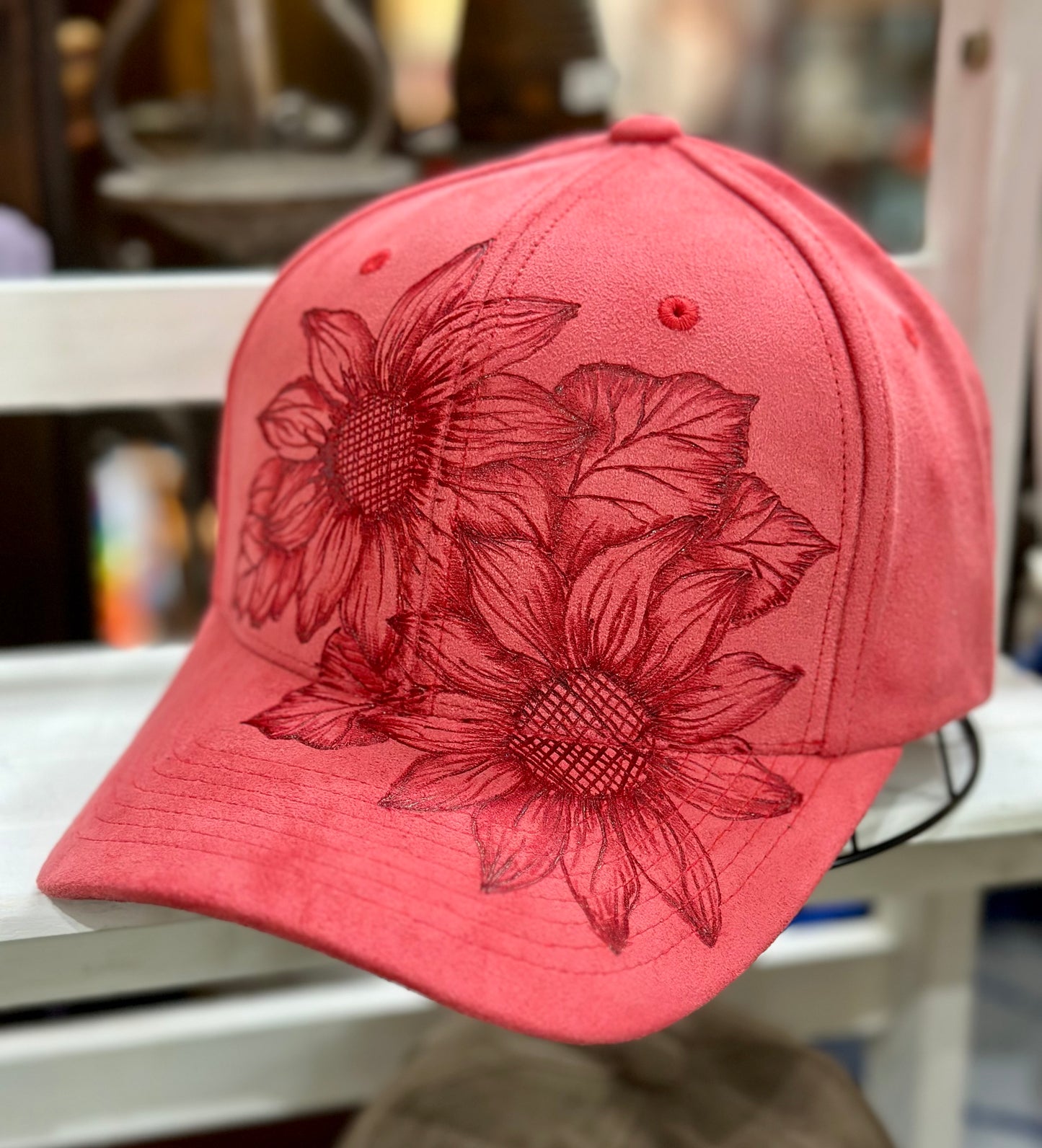 Burned Sunflower on Pink Suede Cap
