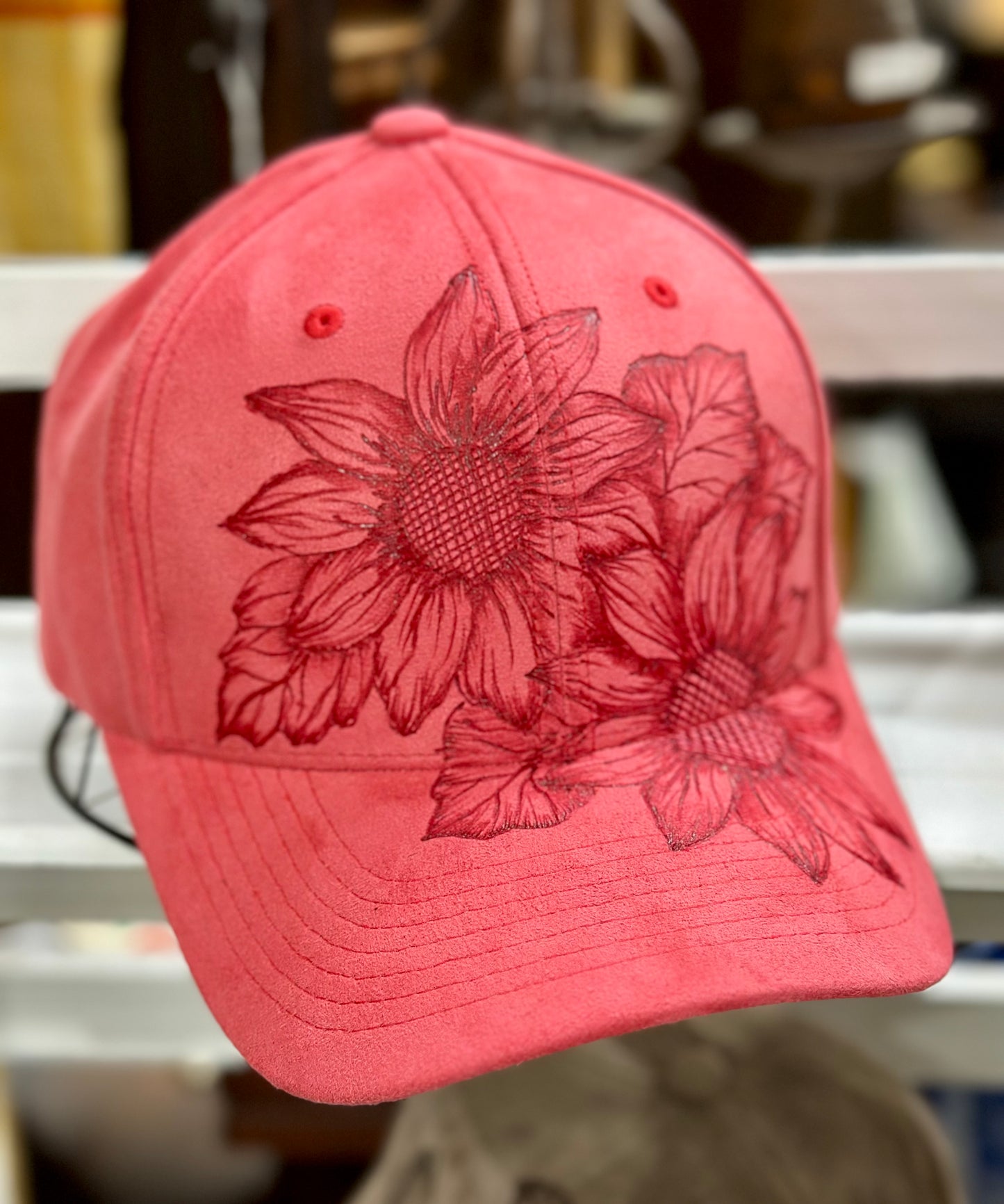 Burned Sunflower on Pink Suede Cap