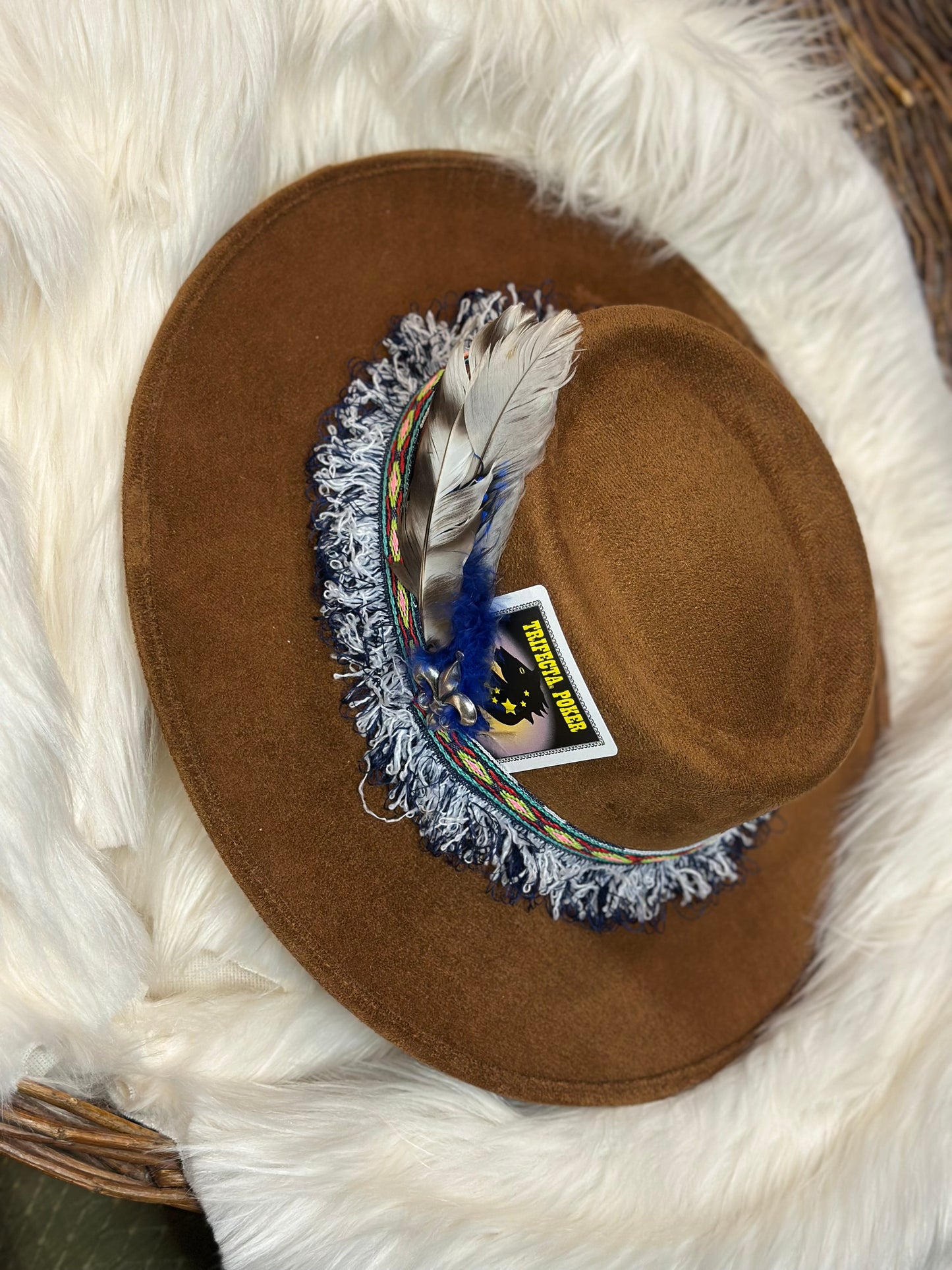 Brown Boater hat with playing card