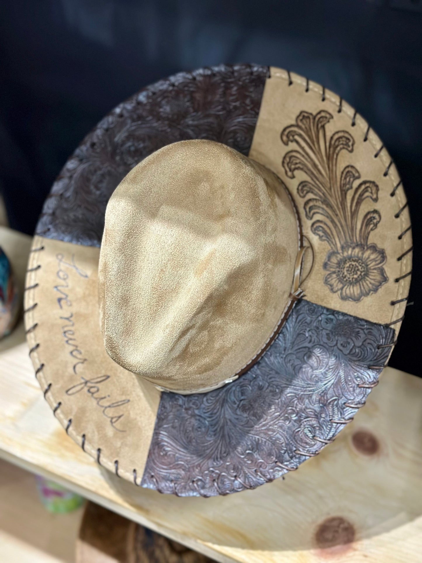 Love Never Fails Fedora Wide Brim Hat with Burned Design