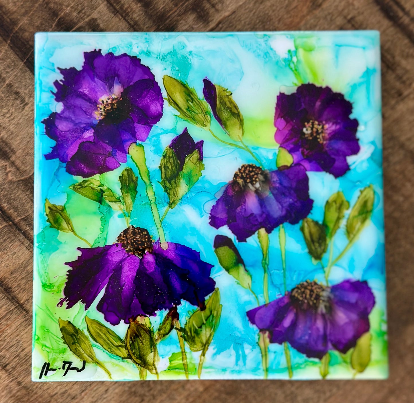 6x6 Aircan Art Purple Flowers Coaster Tile