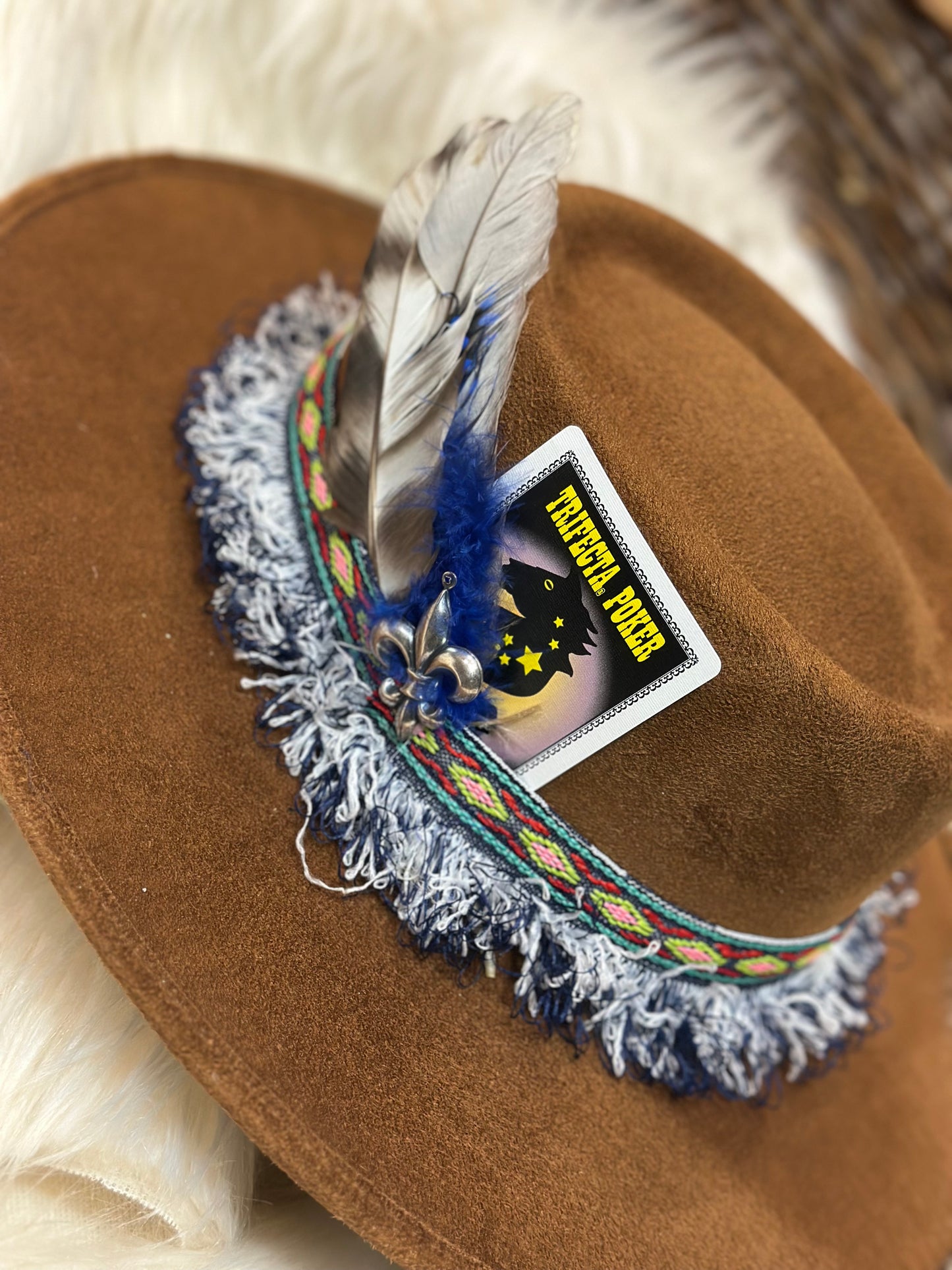 Brown Boater hat with playing card