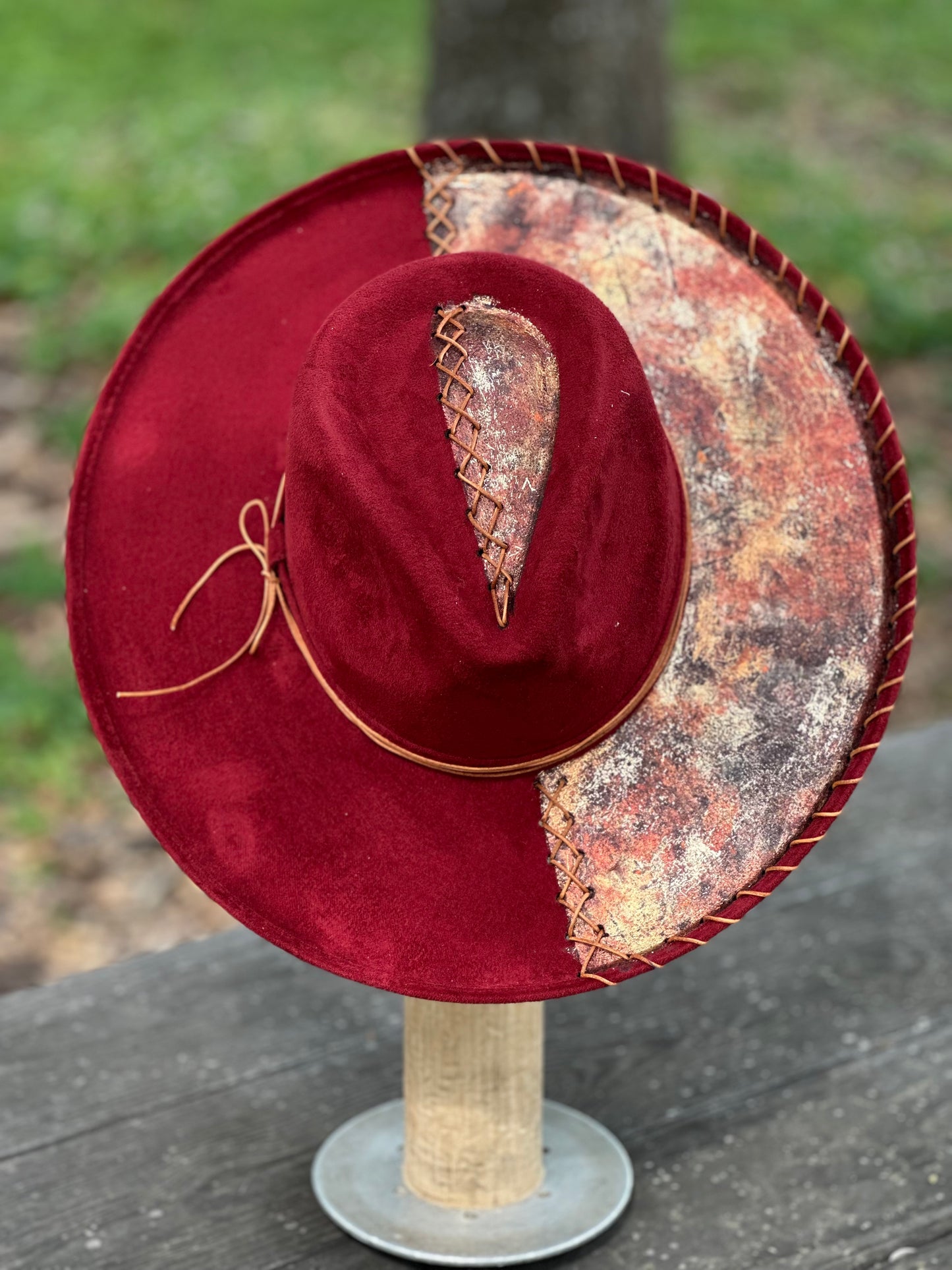 Burgundy Tooled Foiled Wide brim Hat with Threading