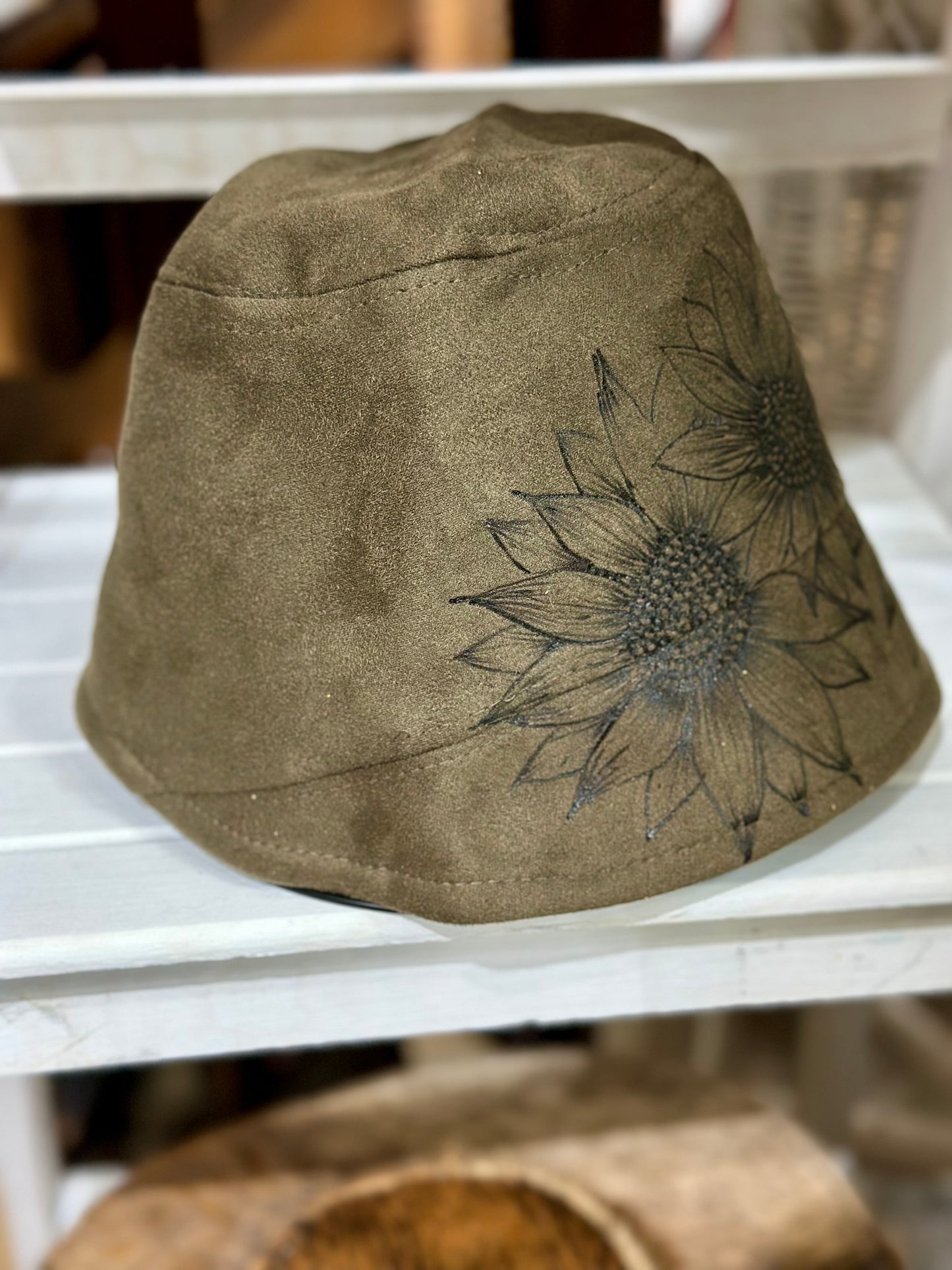 Burned Sunflower on Army Green Suede Bucket Hat