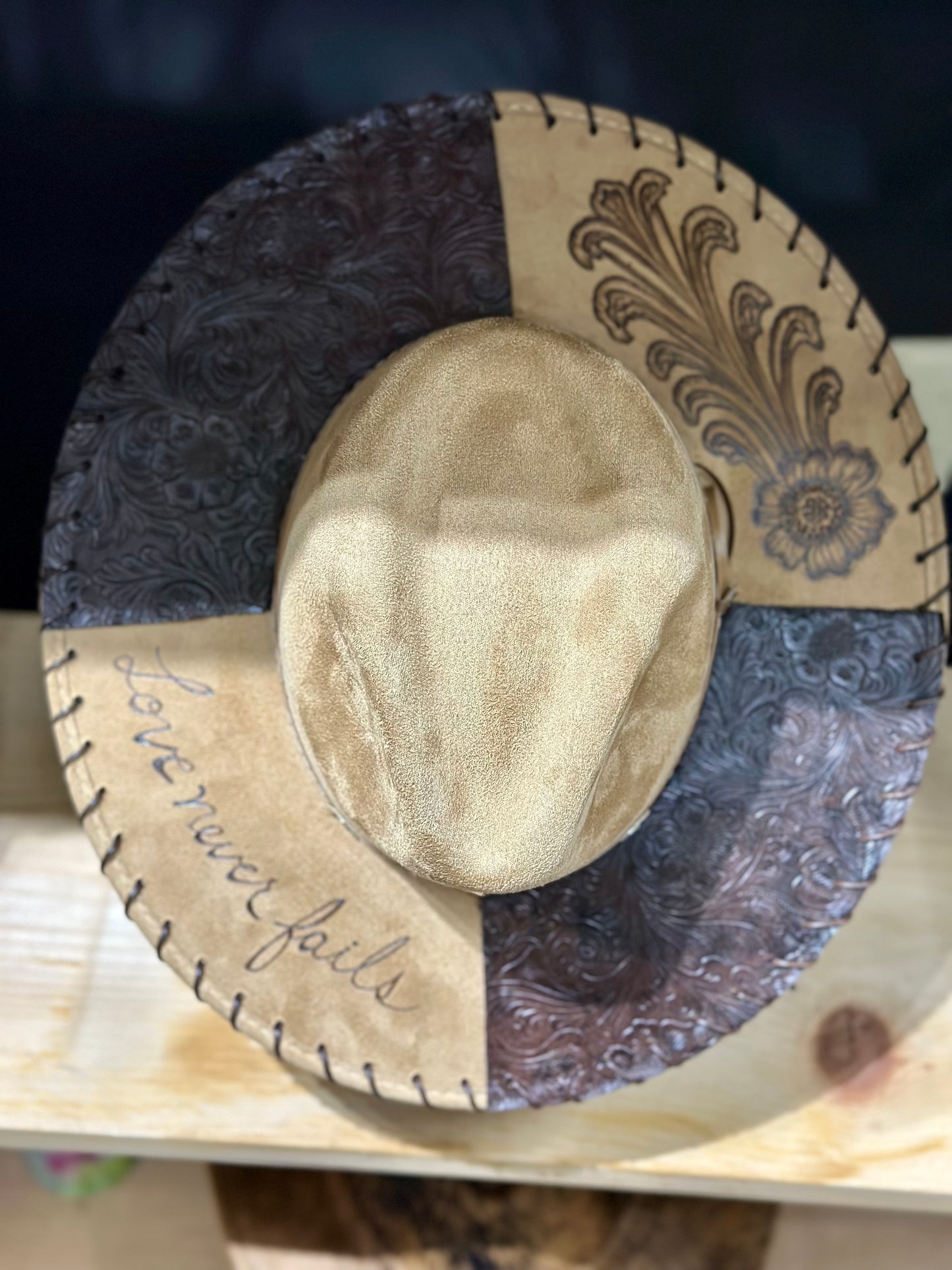 Love Never Fails Fedora Wide Brim Hat with Burned Design