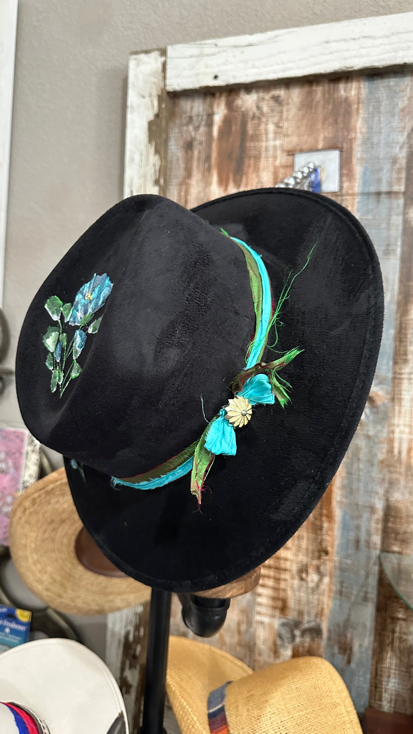 Black Hat with Hand painted Blue flowers with Rhinestones