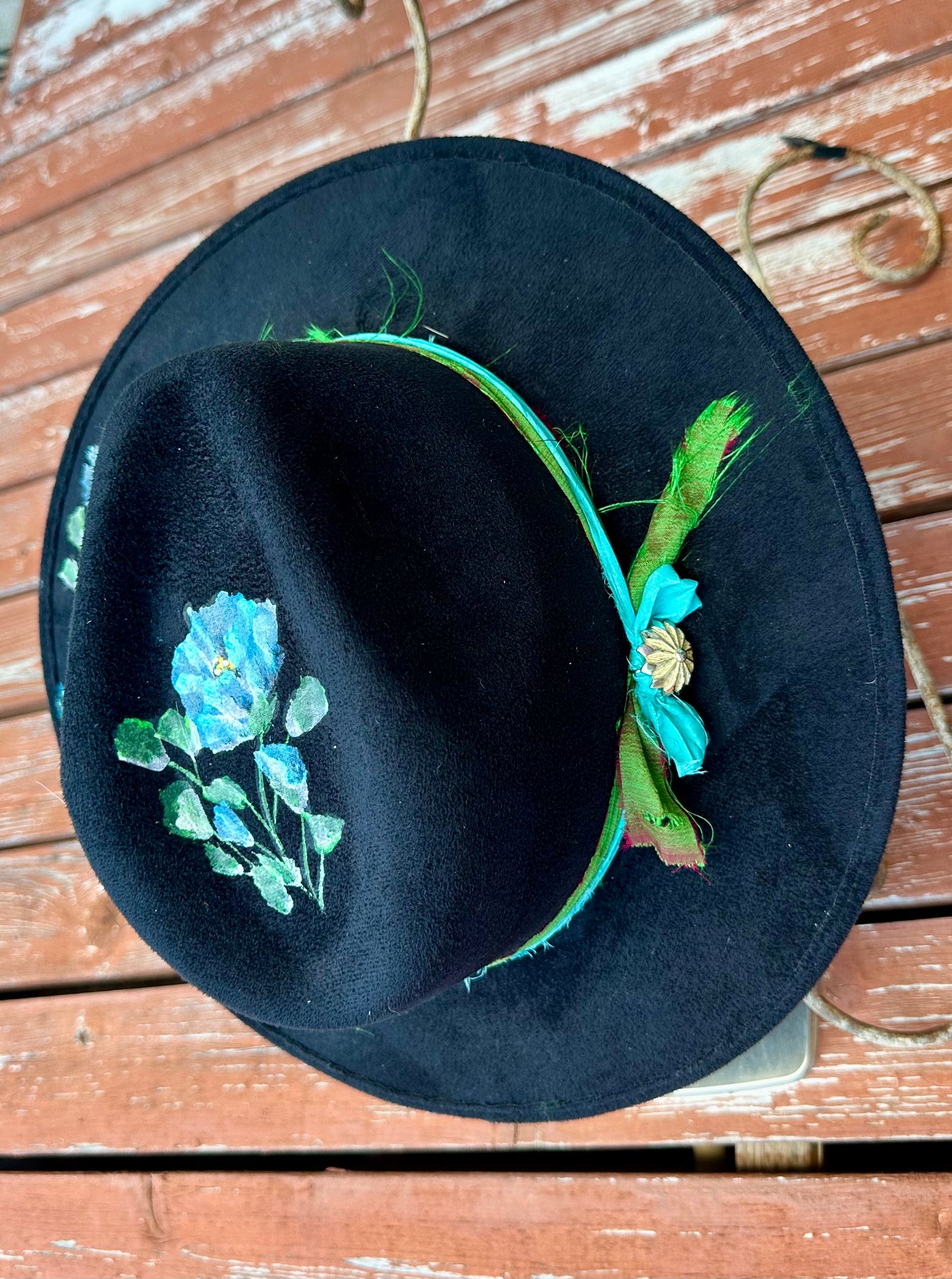 Black Hat with Hand painted Blue flowers with Rhinestones