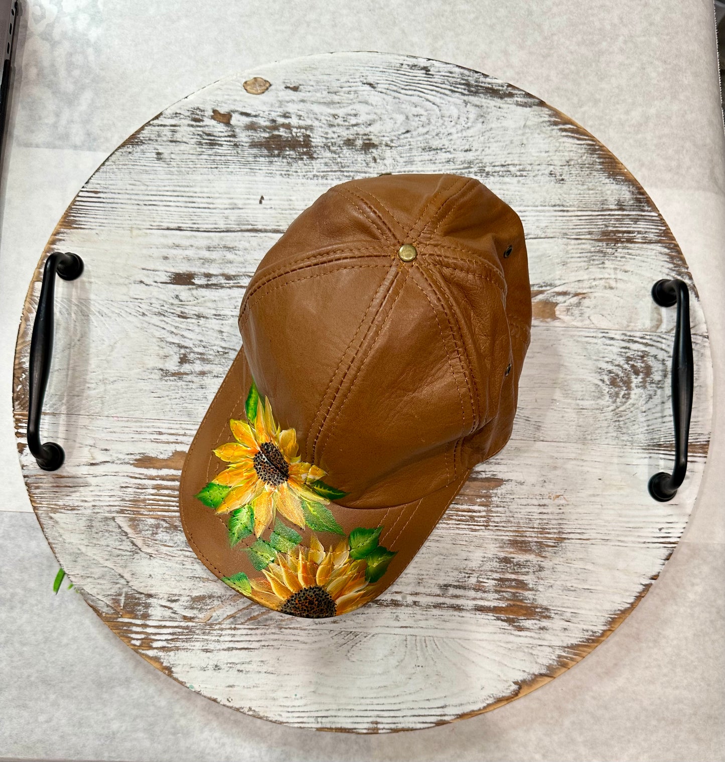 Hand Painted Sunflower on Mahogany Teal Leather Cap