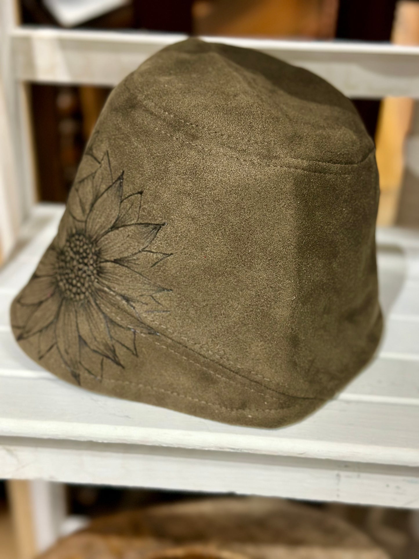 Burned Sunflower on Army Green Suede Bucket Hat