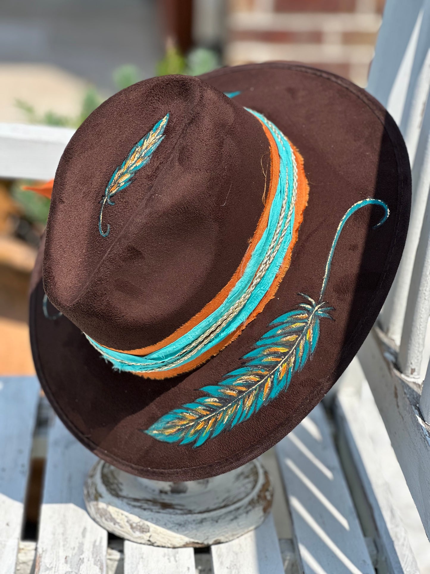 Brown Fedora Hat with Hand Painted Feathers