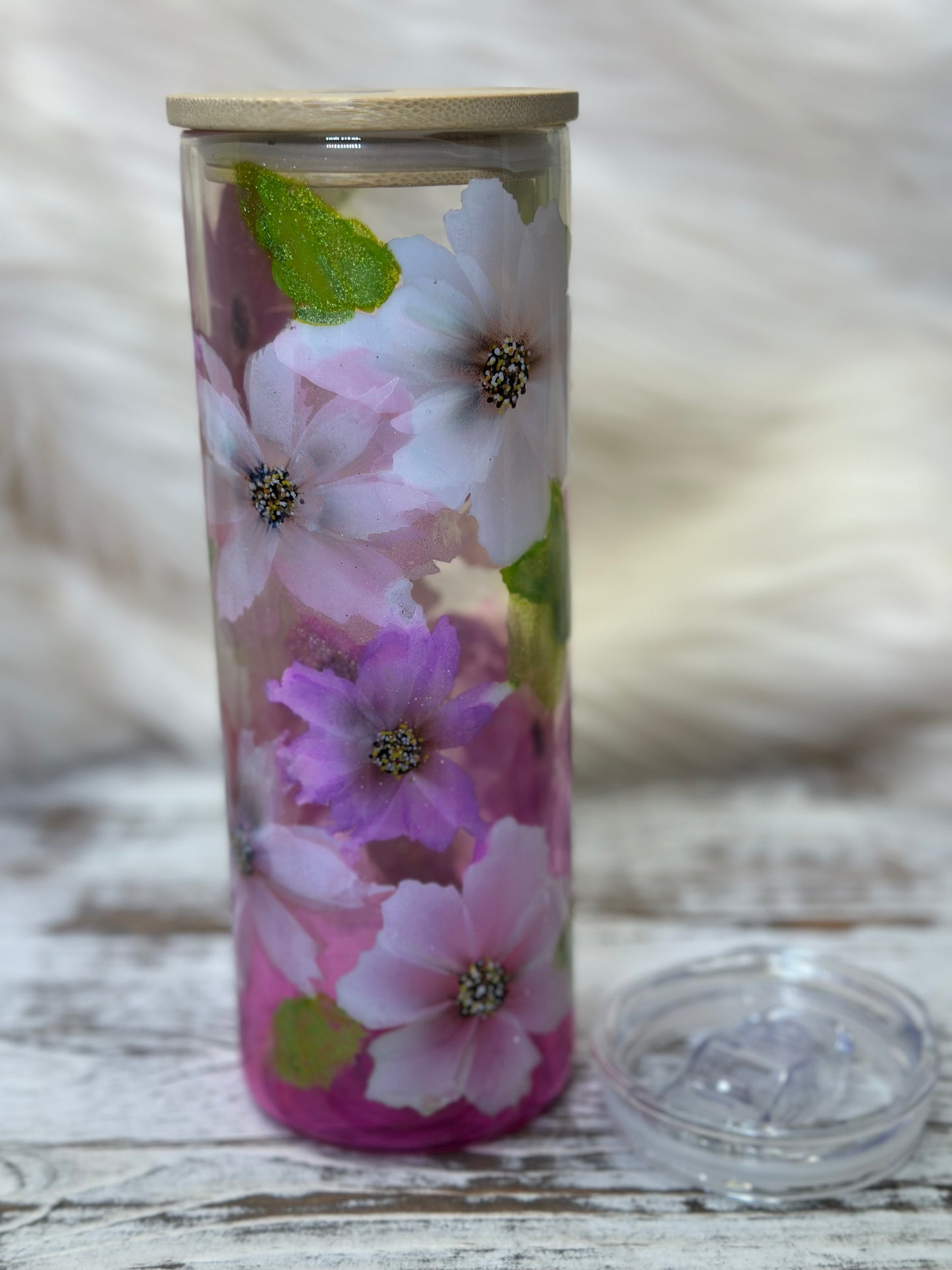 Hand Painted Pink Flowers on 20 oz Glass Tumbler