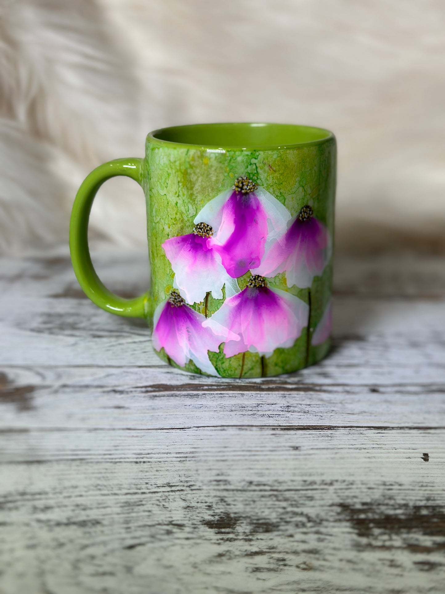 Hand Painted Flowers on Green Mug