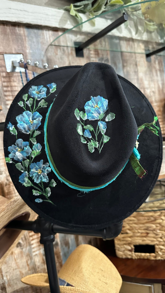 Black Hat with Hand painted Blue flowers with Rhinestones