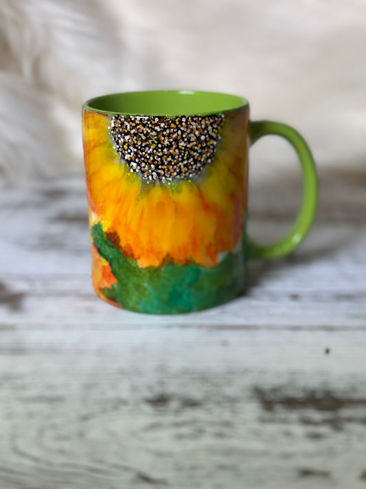 Hand Painted Sunflower on Green Mug