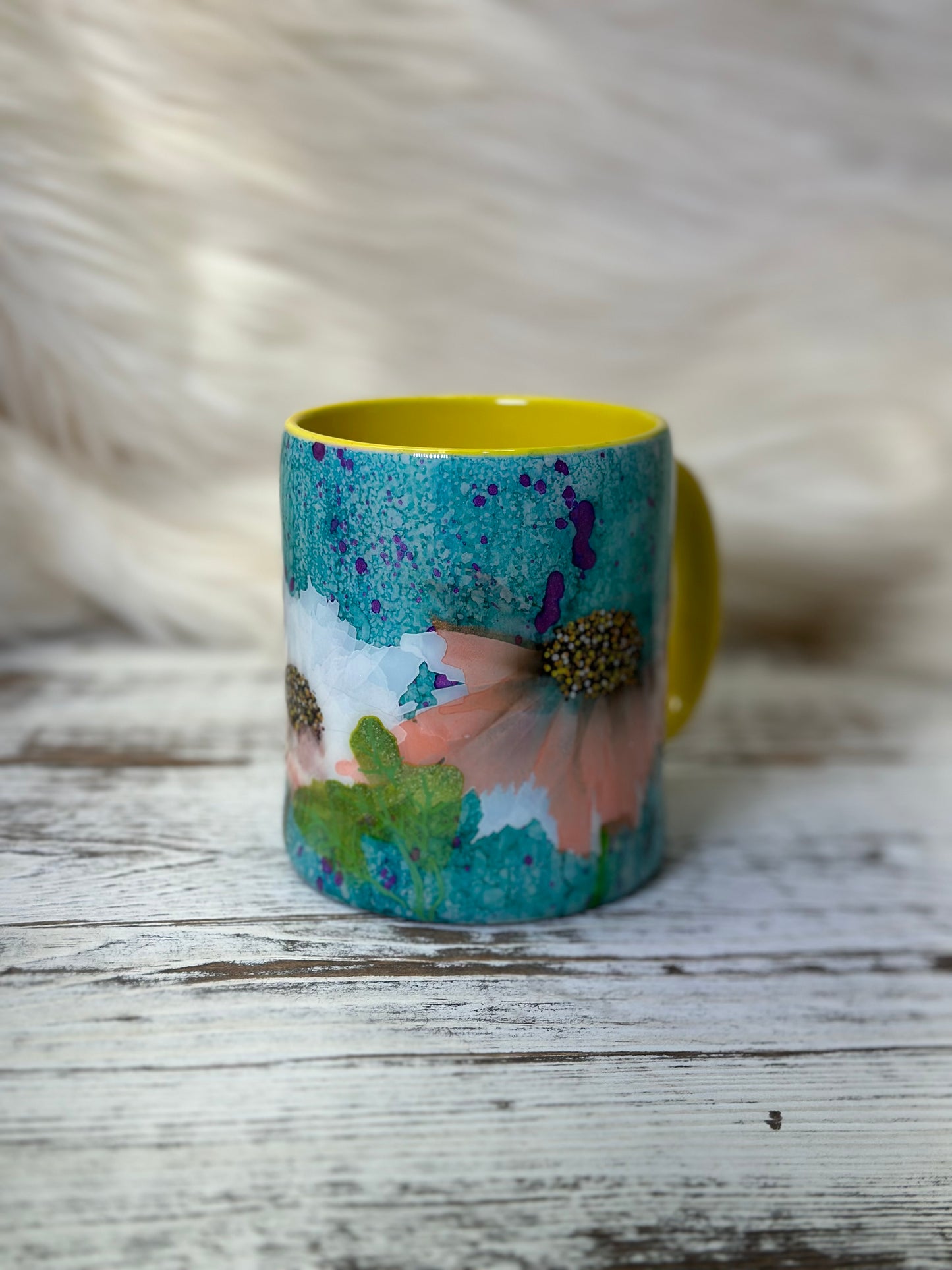 Hand Painted Flowers on Blue and Yellow Mug