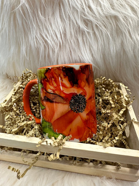 Hand Painted Poppy on Orange Mug