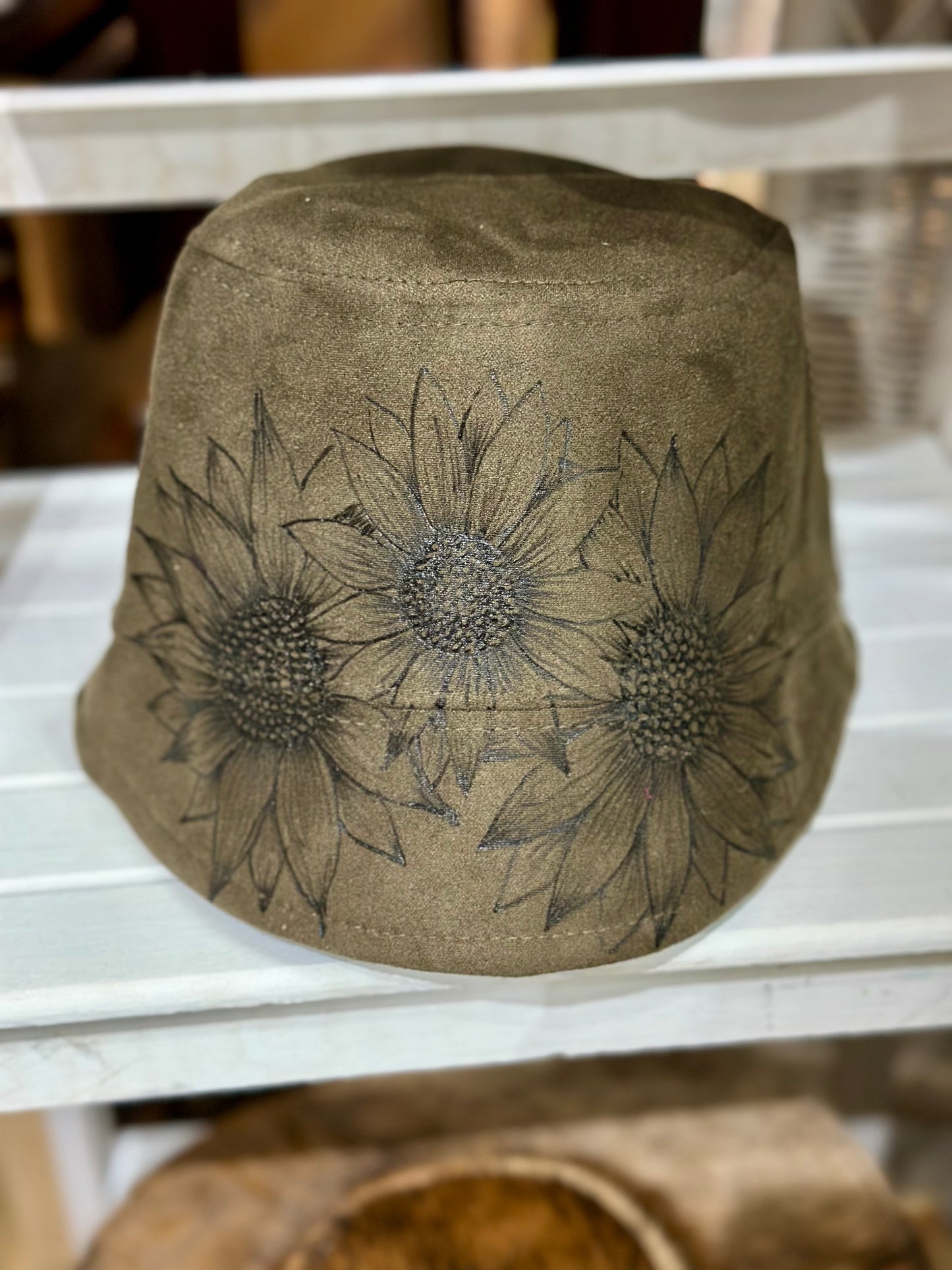 Burned Sunflower on Army Green Suede Bucket Hat
