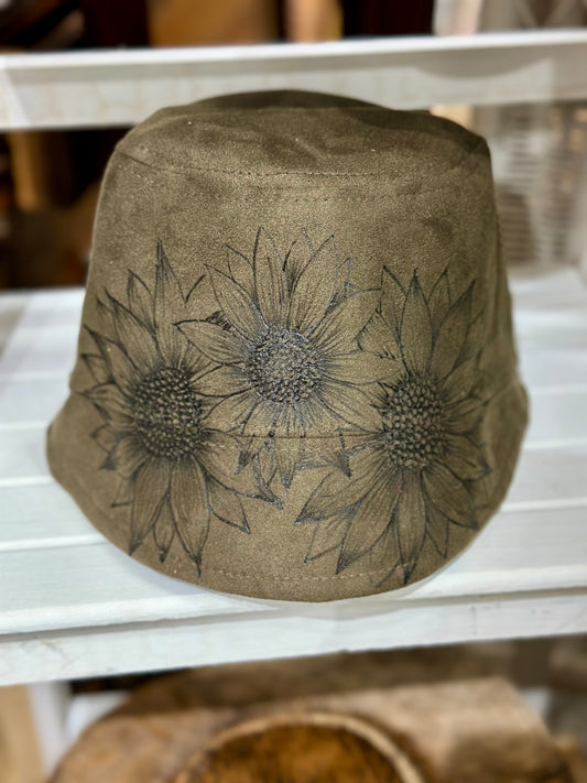 Burned Sunflower on Army Green Suede Bucket Hat