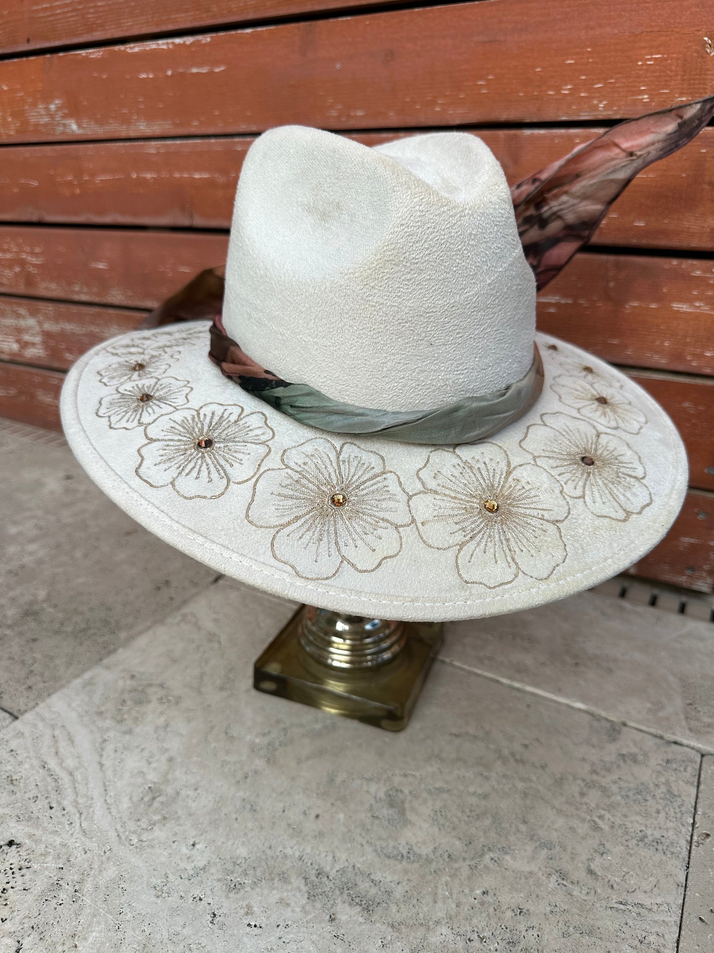 White floral Fedora Hat with Rhinestones