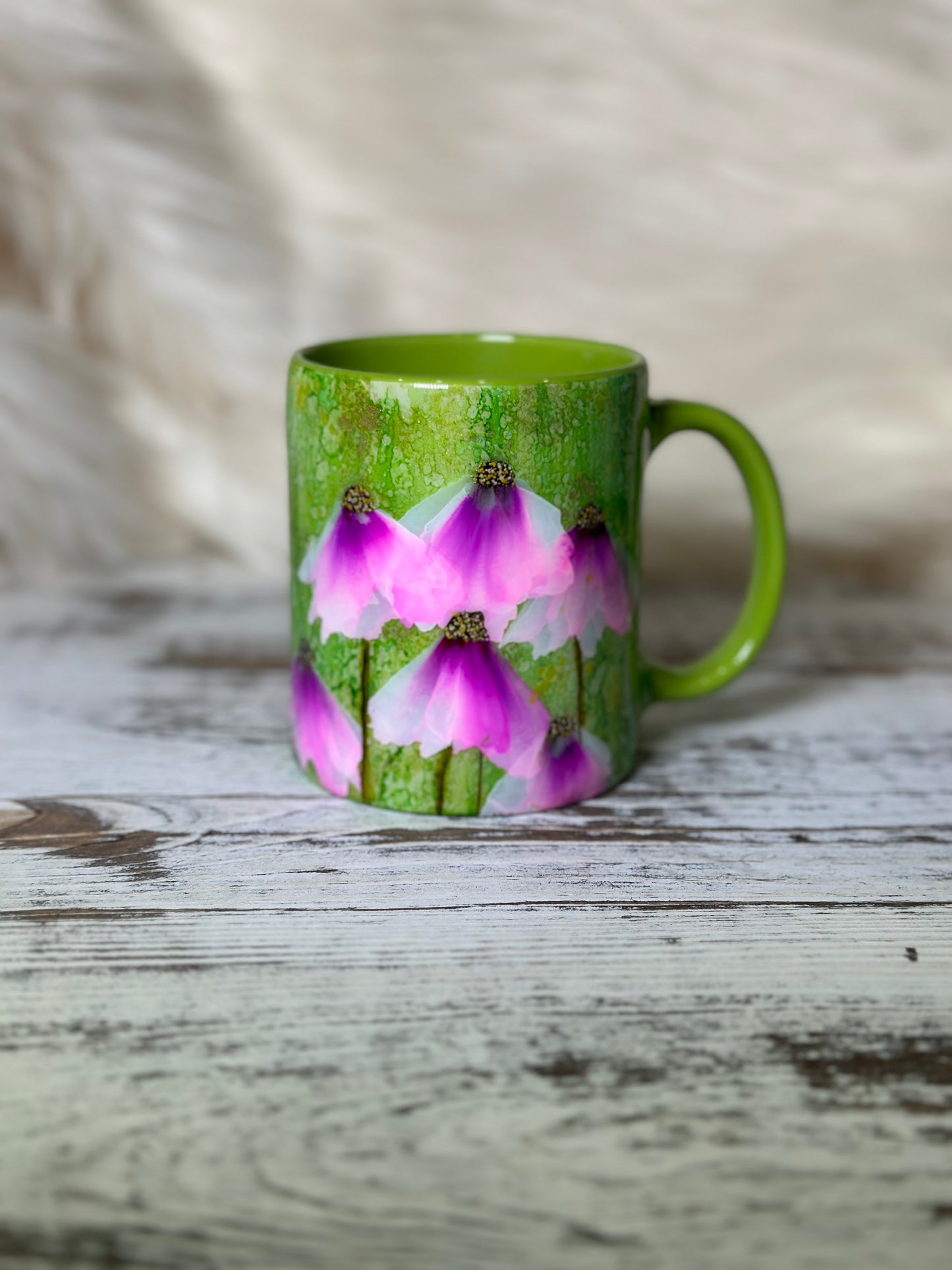 Hand Painted Flowers on Green Mug