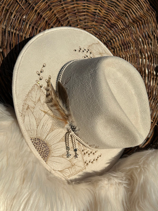 White Sunflower Fedora Hat with Rhinestones