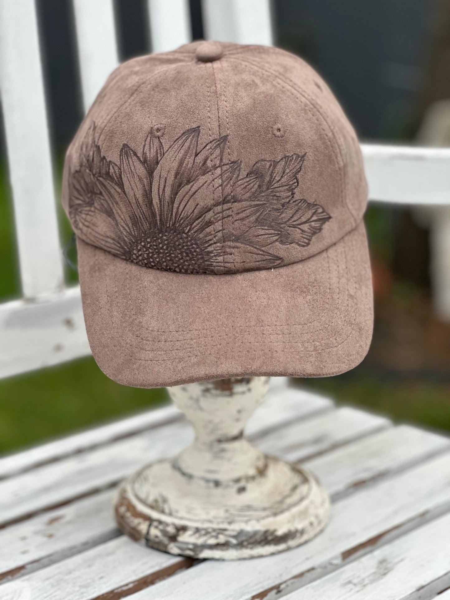 Burned Sunflower on Brown Suede Cap