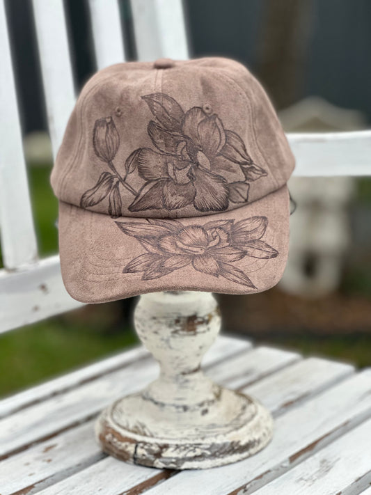Burned flower on Brown Suede Cap