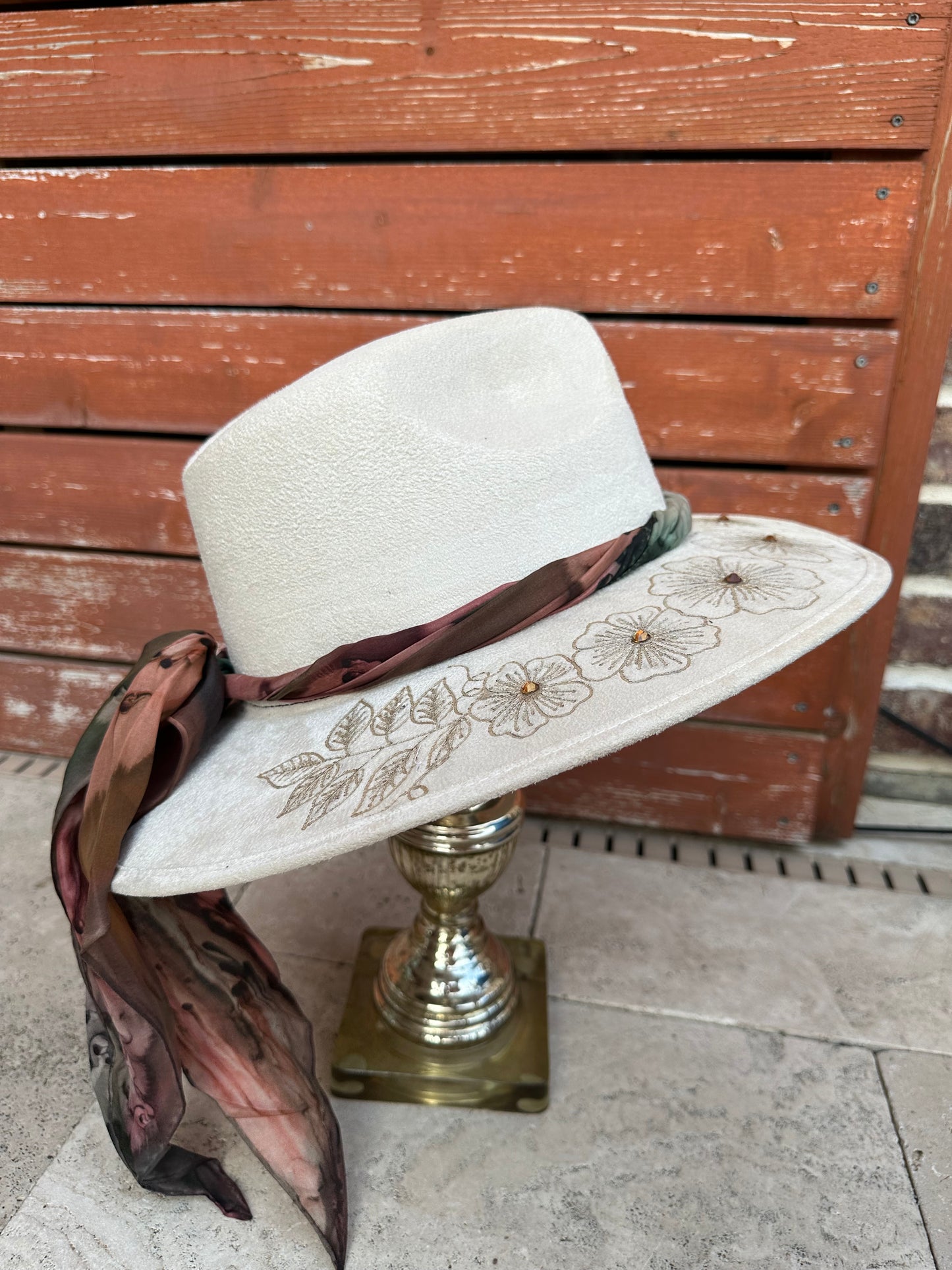 White floral Fedora Hat with Rhinestones