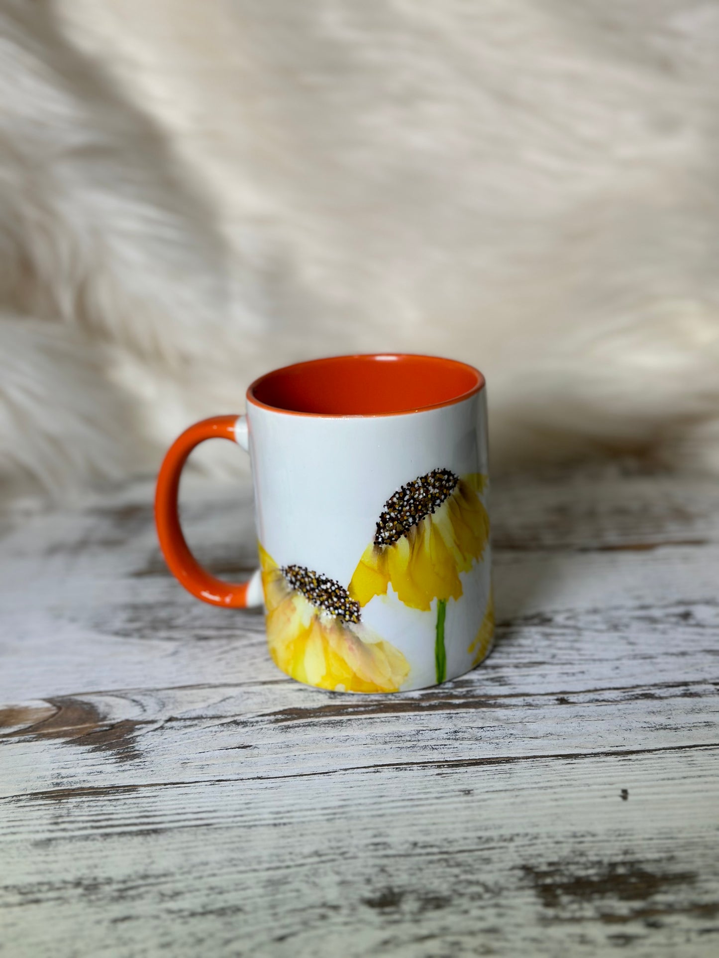 Hand Painted Sunflower on Orange Mug