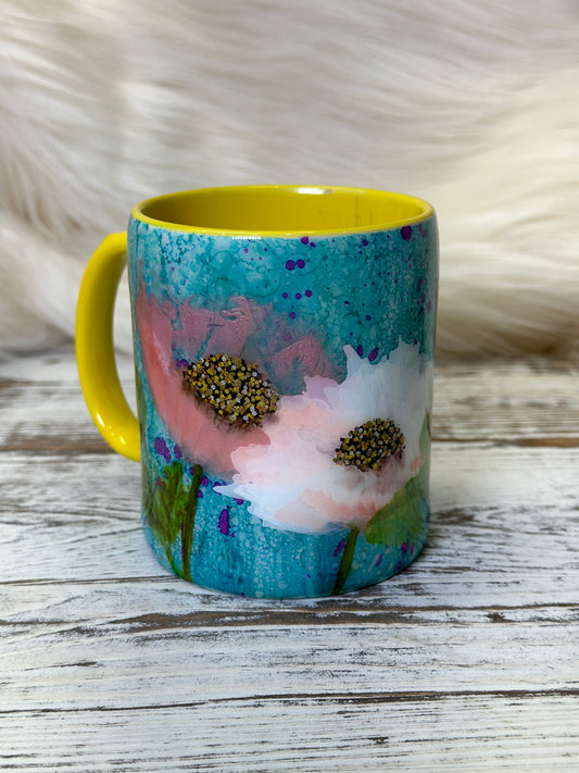 Hand Painted Flowers on Blue and Yellow Mug