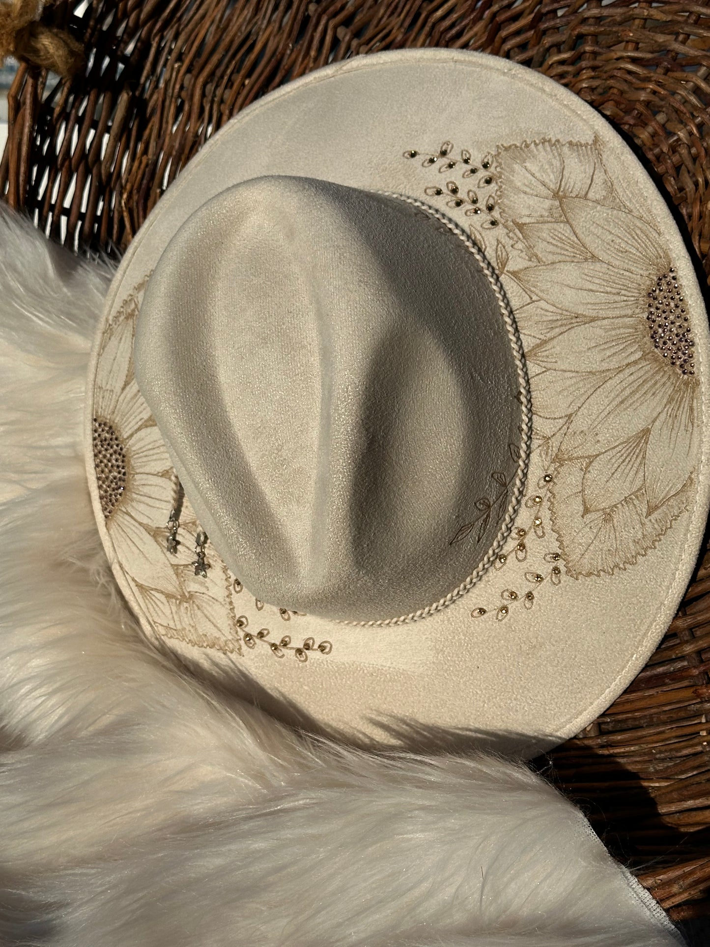 White Sunflower Fedora Hat with Rhinestones