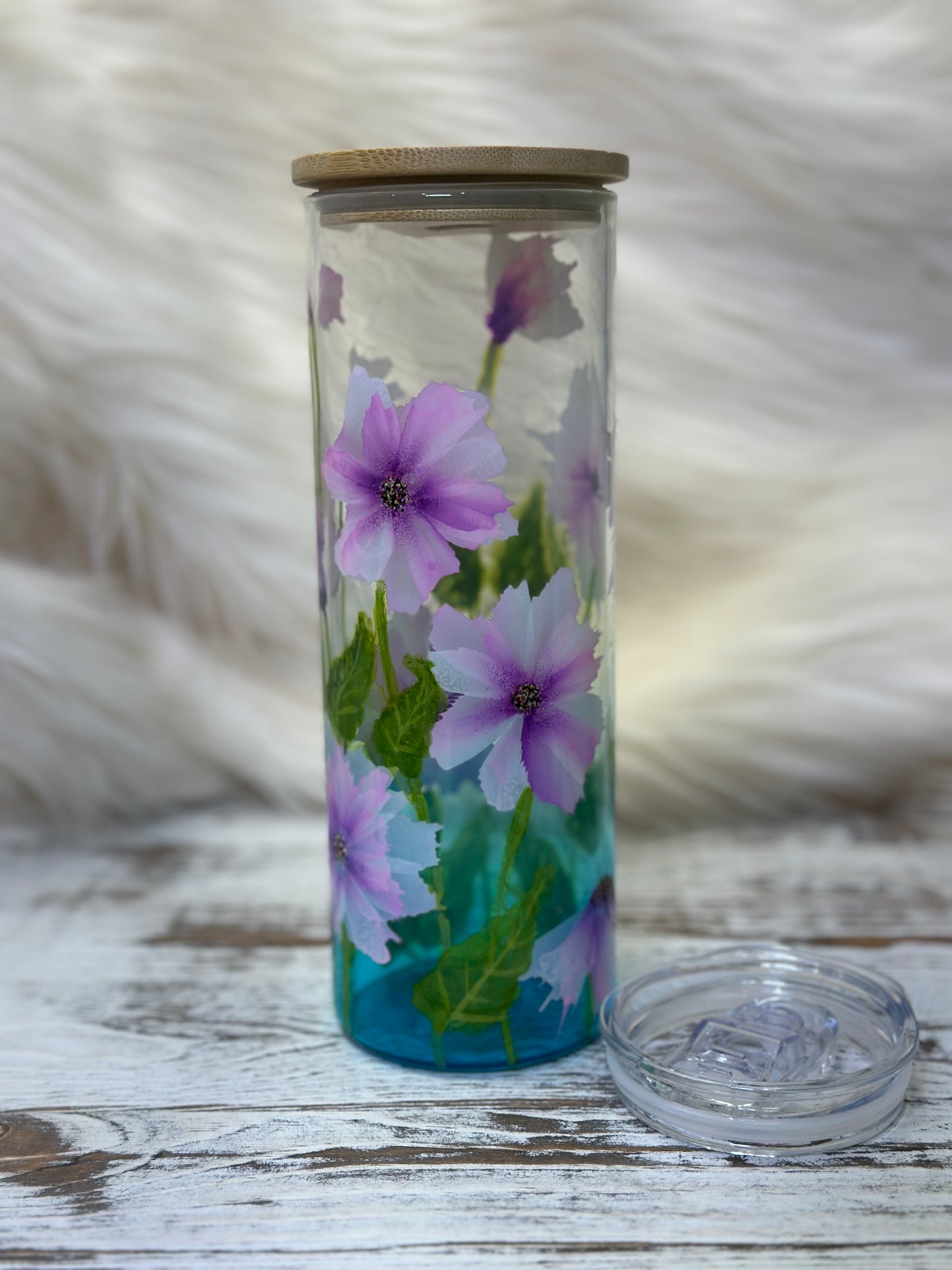 Hand Painted Flowers on 20 oz Blue Glass Tumbler