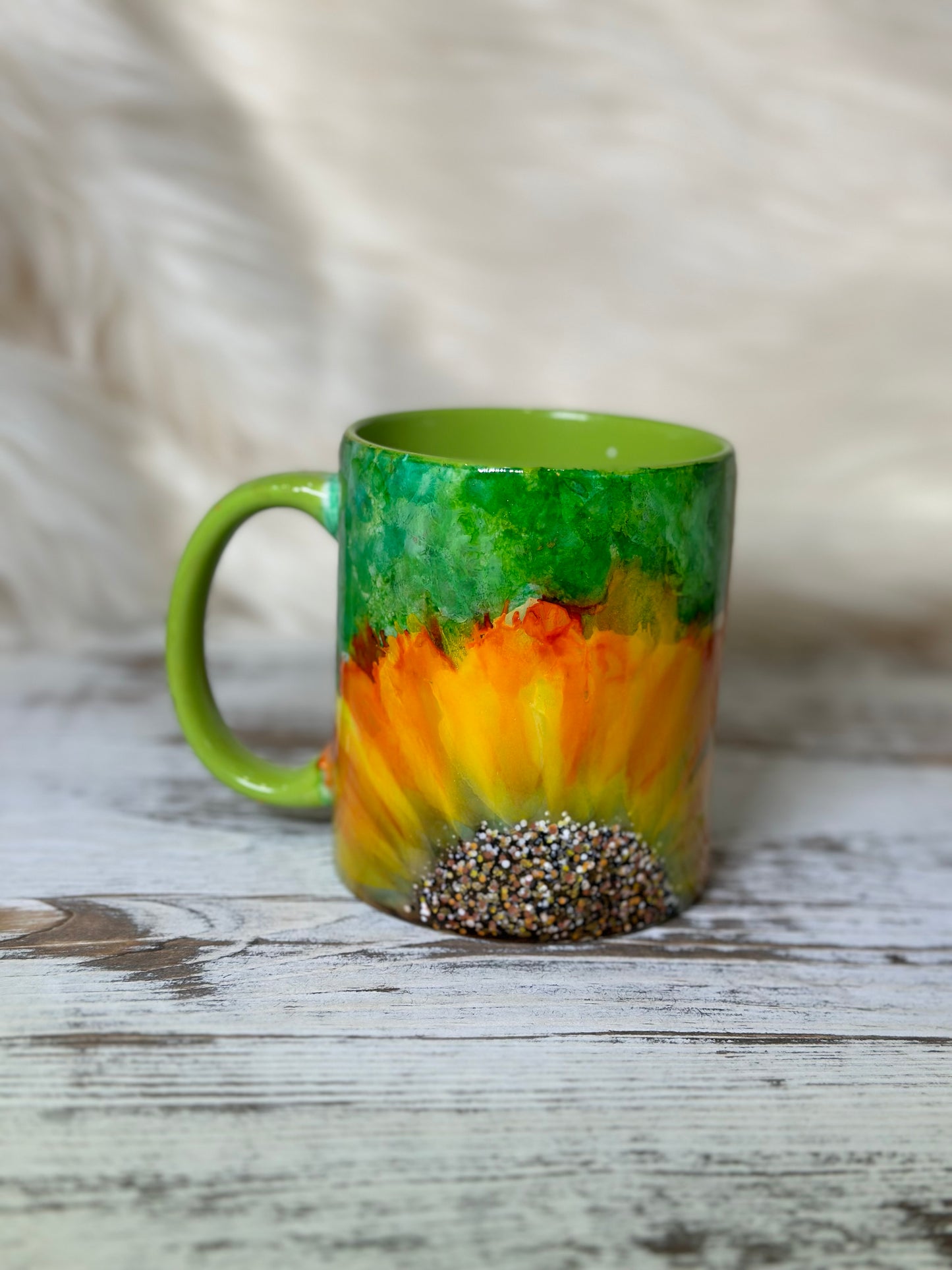 Hand Painted Sunflower on Green Mug