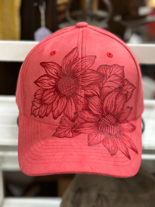 Burned Sunflower on Pink Suede Cap