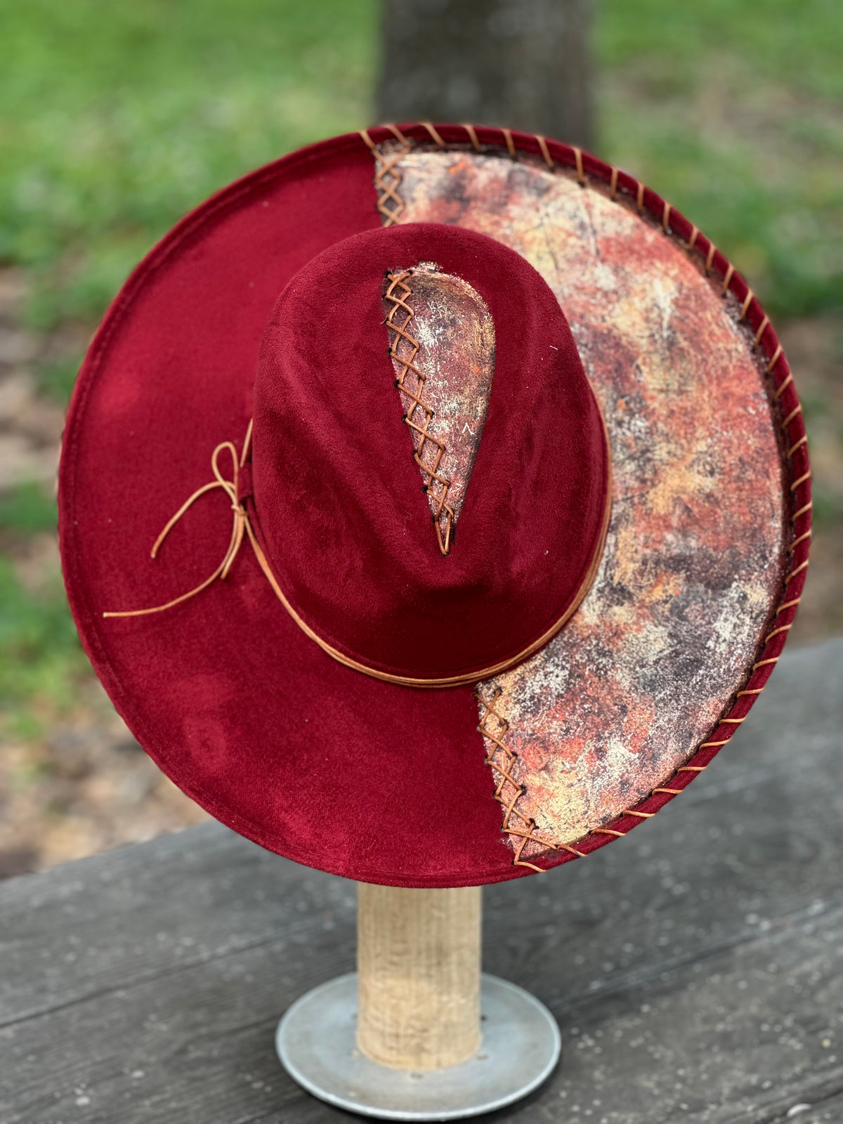 Burgundy Tooled Foiled Wide brim Hat with Threading 