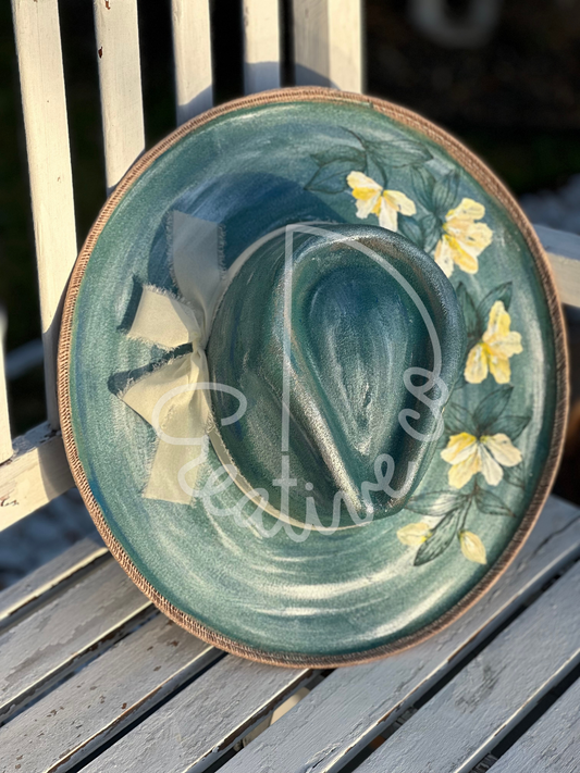 Blue Hand painted magnolia Wide brim Hat