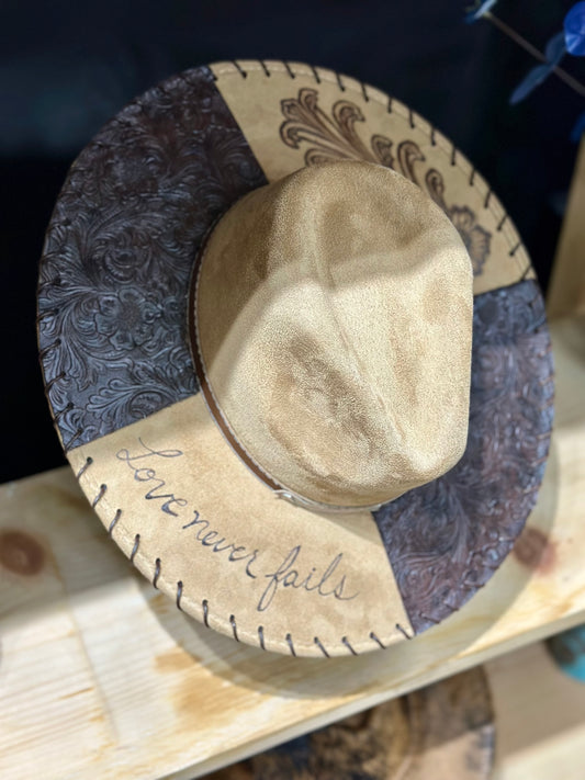Love Never Fails Fedora Wide Brim Hat with Burned Design