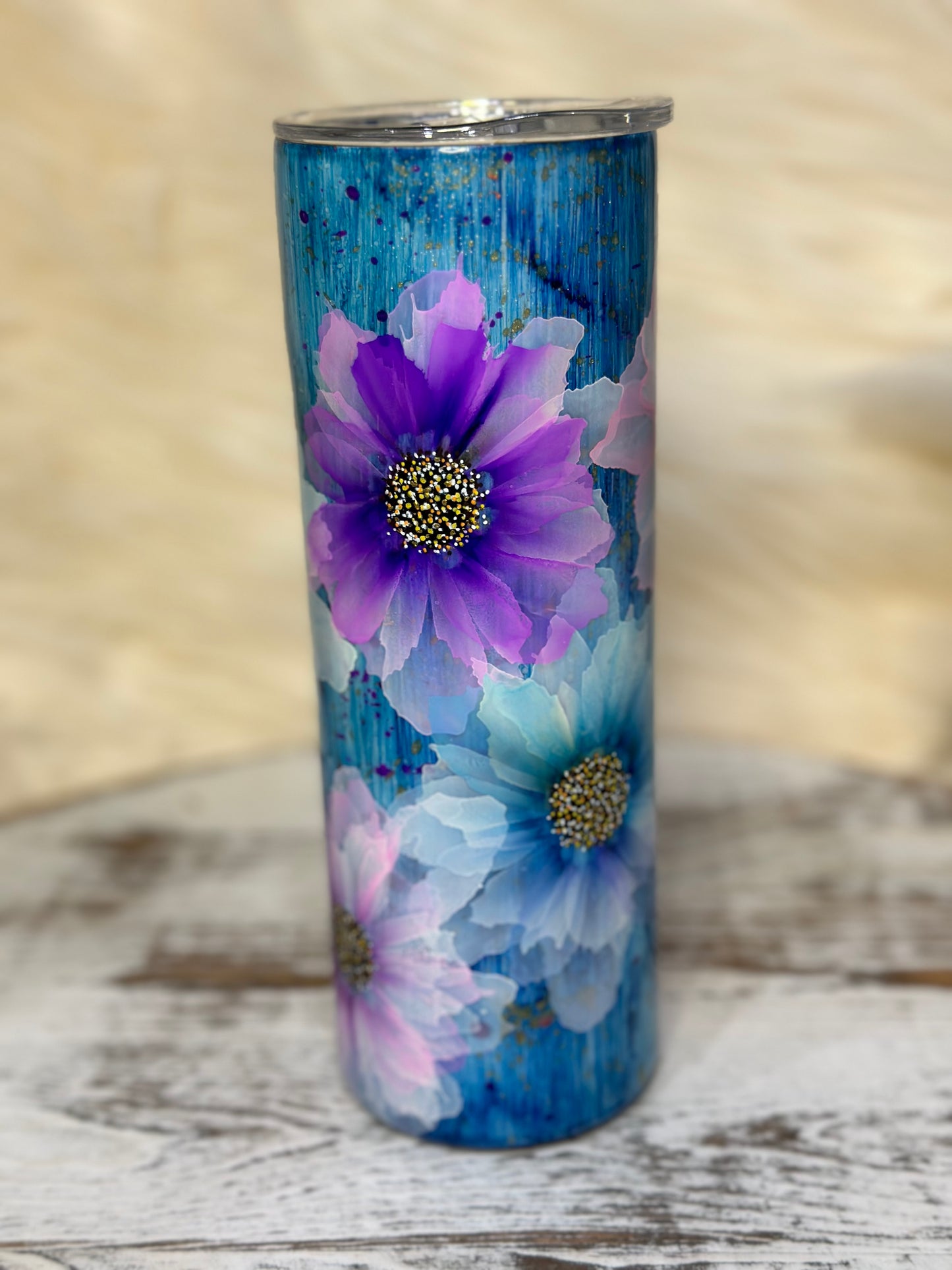 Hand painted flowers on Blue Base 20 oz Tumbler