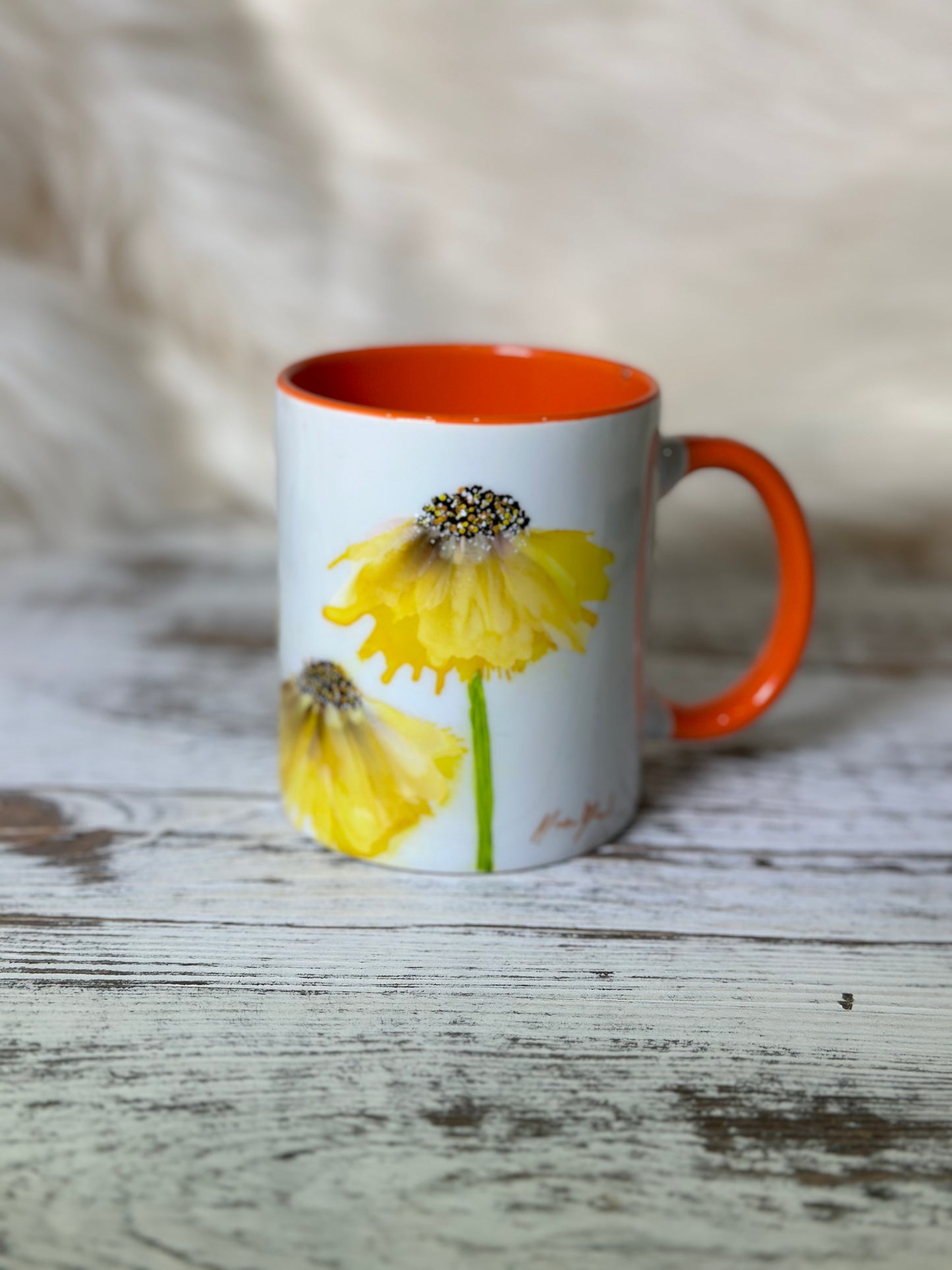 Hand Painted Sunflower on Orange Mug