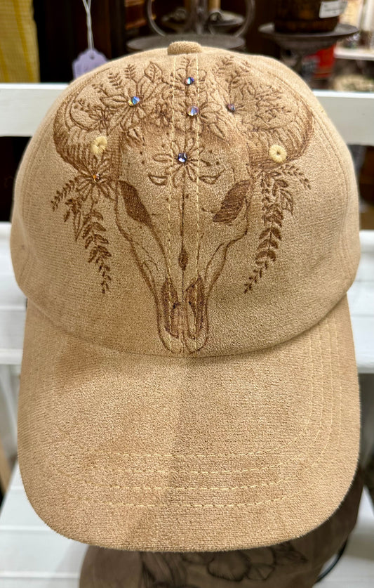 Burned Skull with Rhinestones Tan Suede Cap