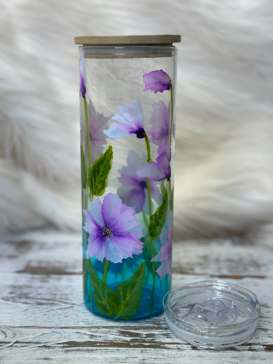 Hand Painted Flowers on 20 oz Blue Glass Tumbler