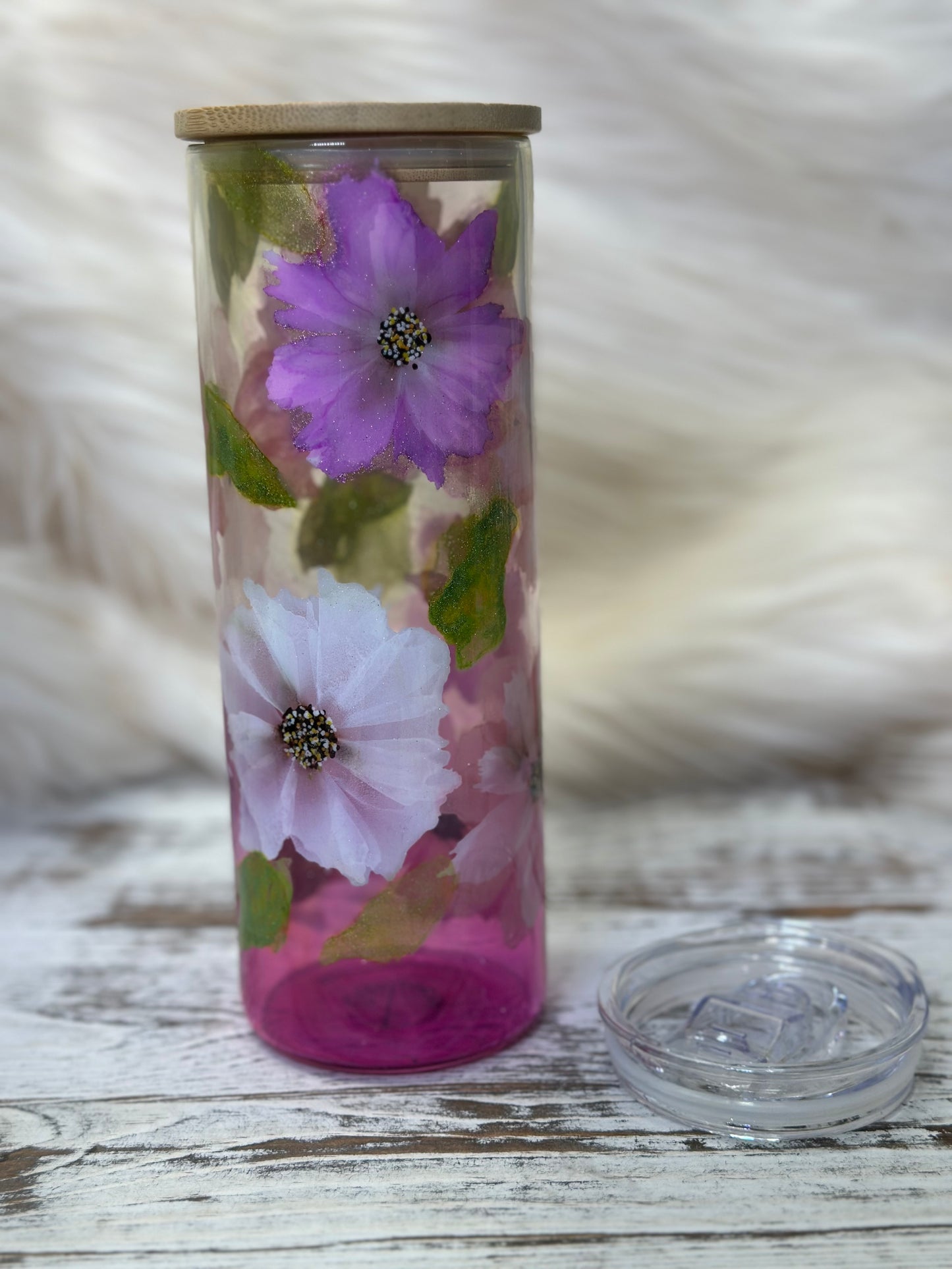 Hand Painted Pink Flowers on 20 oz Glass Tumbler