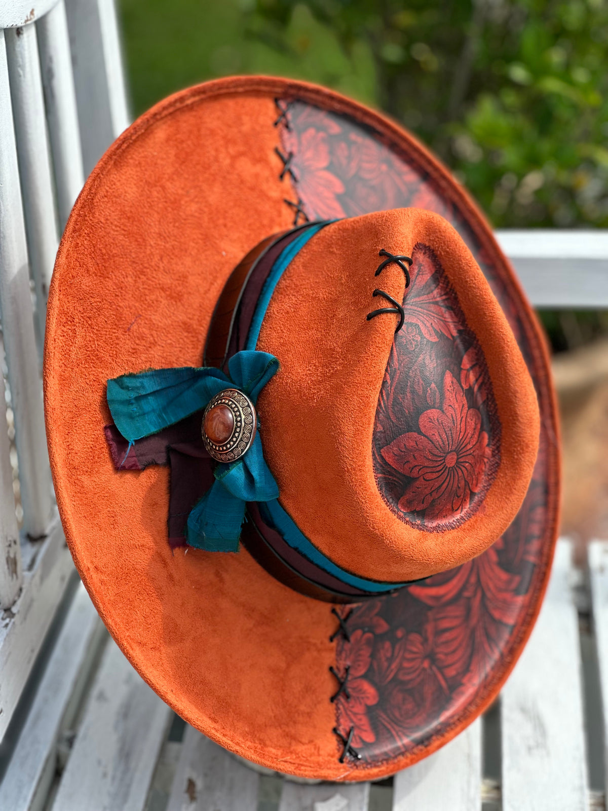 Orange Tooled Foiled Wide brim Hat with Threading – DCREATIVECO display picture 2