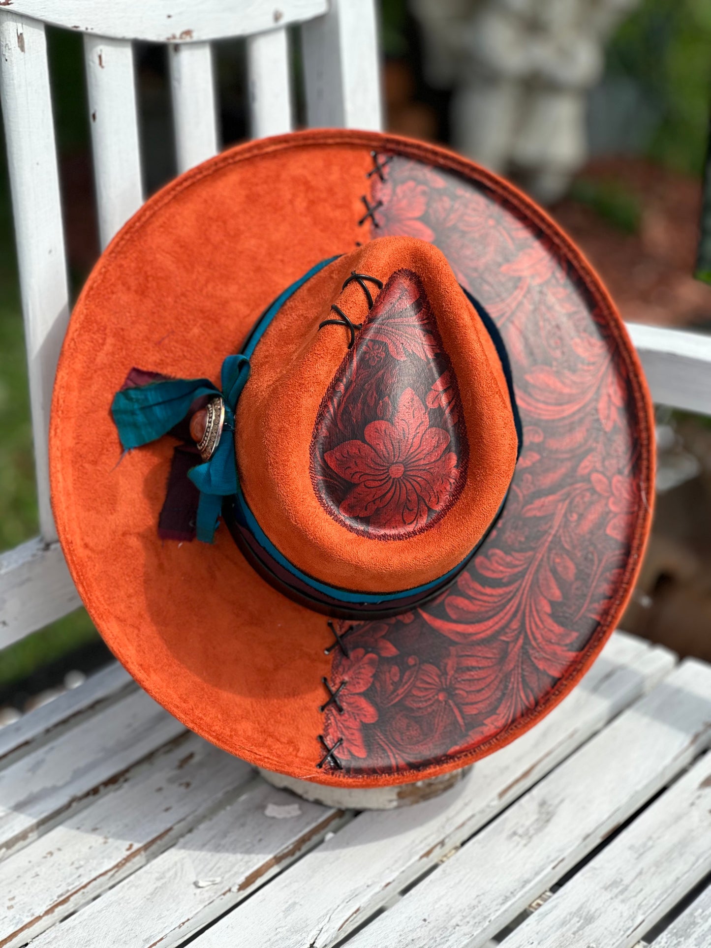 Orange Tooled Foiled Wide brim Hat with Threading