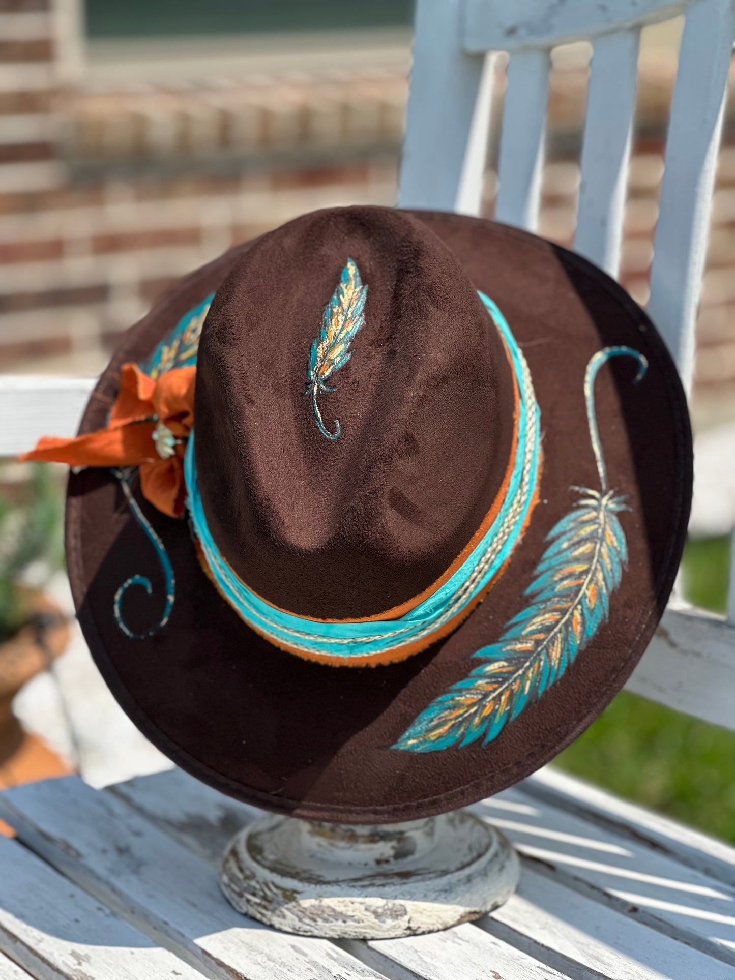 Brown Fedora Hat with Hand Painted Feathers