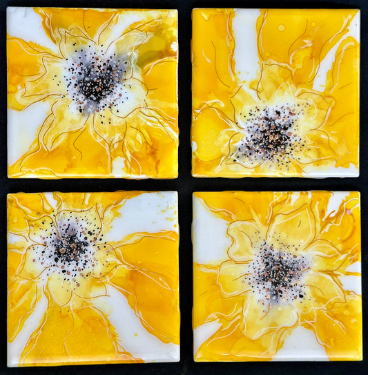 Yellow Flower Resin Art Coasters (Set of 4)