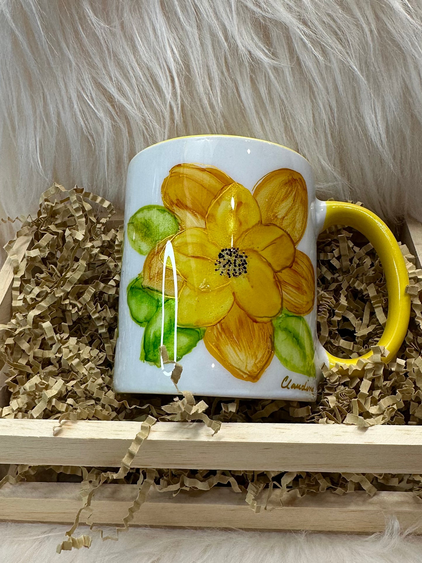 Hand Painted Yellow flower on Yellow Mug