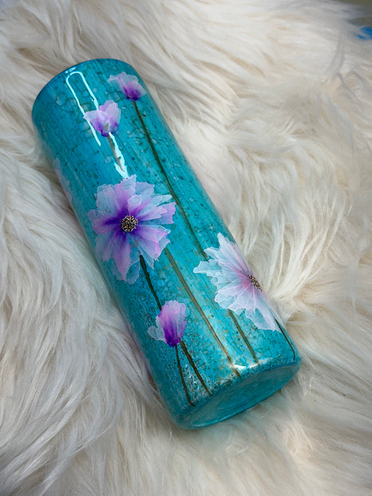 Hand painted flowers on Robin’s Egg background 20 oz Tumbler