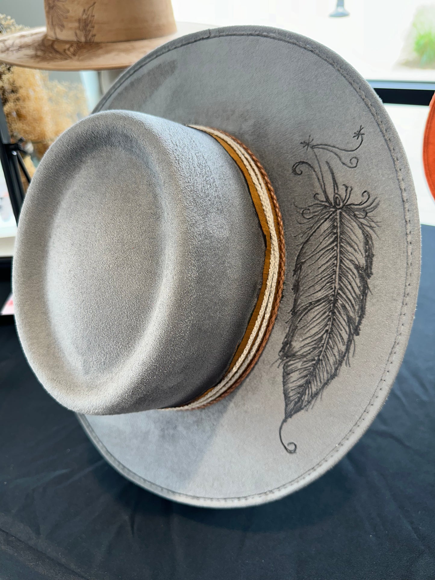 Gray Feathered Burned Boater Hat